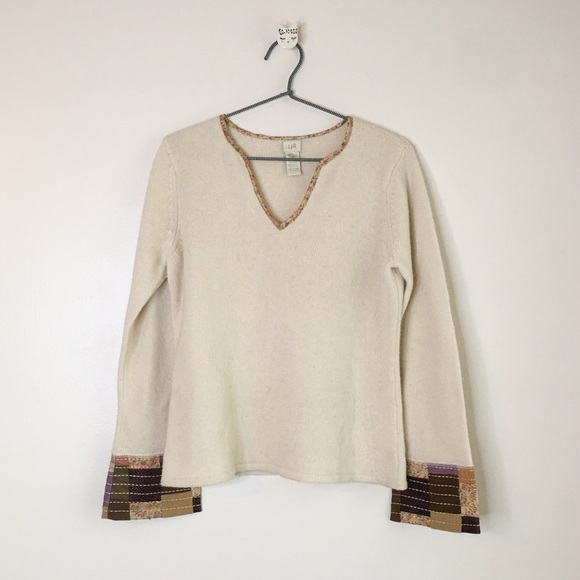 J.Jill Lambswool Patchwork Bell Sleeve Sweater Cream Size Small - Picture 2 of 8